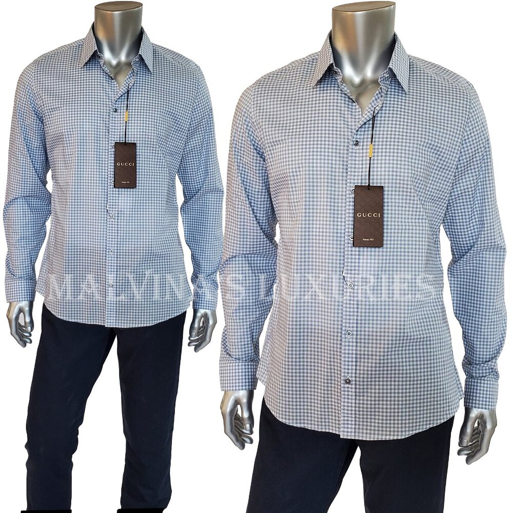 GUCCI SHIRT MENS WHITE BLUE PLAID PRINT COTTON CLASSIC SLIM FIT